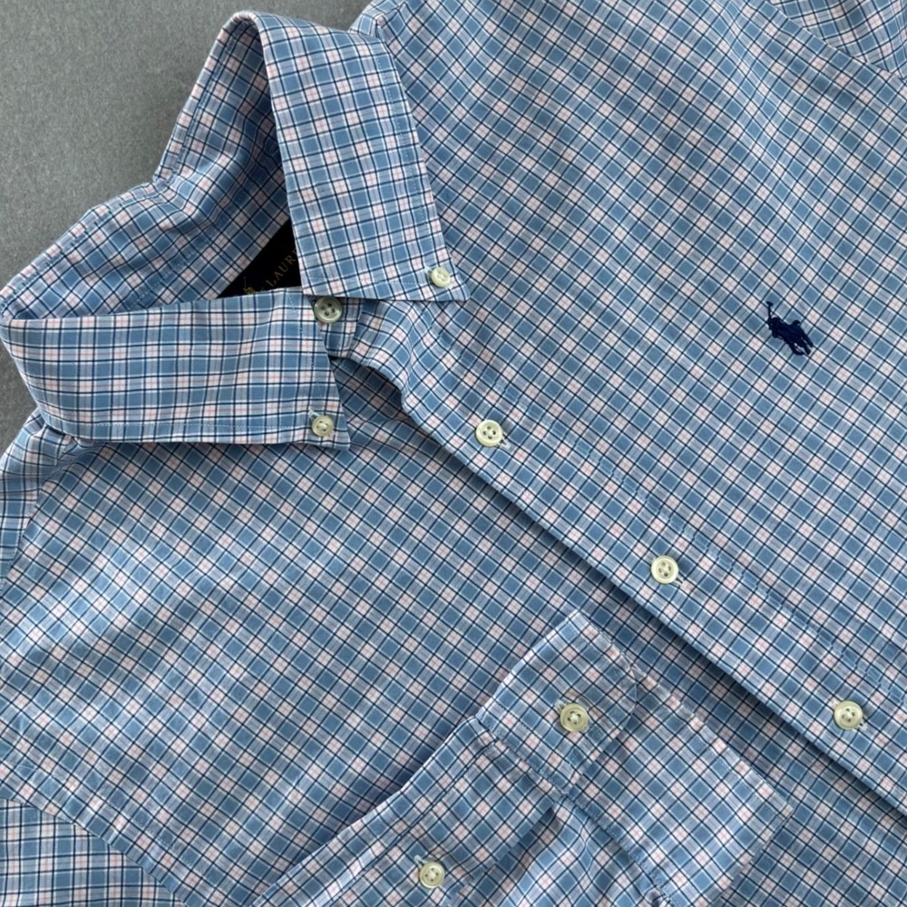 Ralph Lauren Mens Large Blue Pink Plaid Cotton Button Down Long Sleeve Shirt